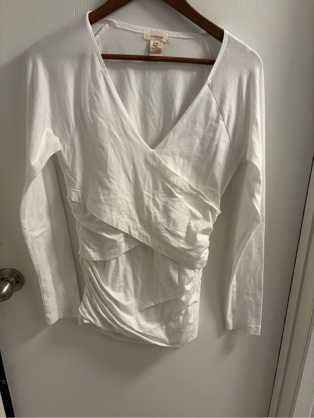 Sundance White Ruched Wrap Tunic Top Women’s M Long Sleeve Asymmetrical